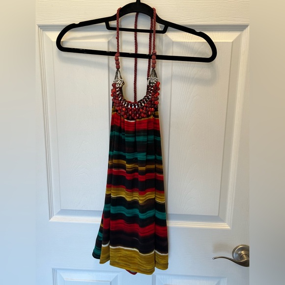 Wet Seal multicolored gorgeous beaded neck halter top with red ties. XL. - Picture 3 of 9